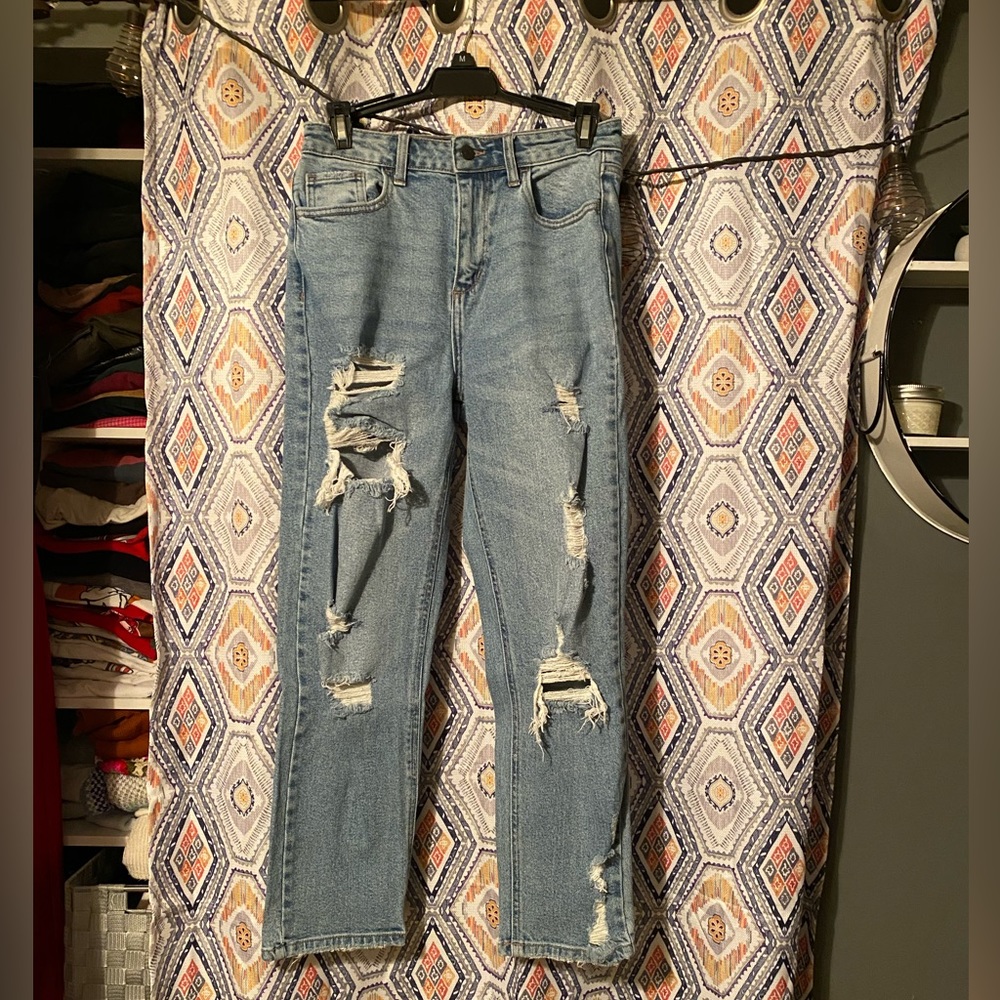high waisted straight leg distressed jeans